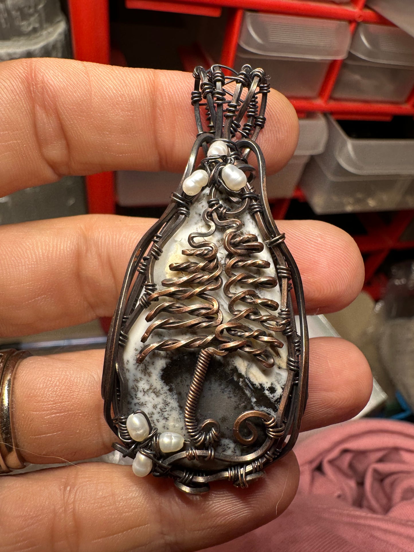 Christmas tree dendritic agate copper pendant