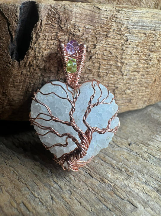 Tree of life Drusy heart copper pendant