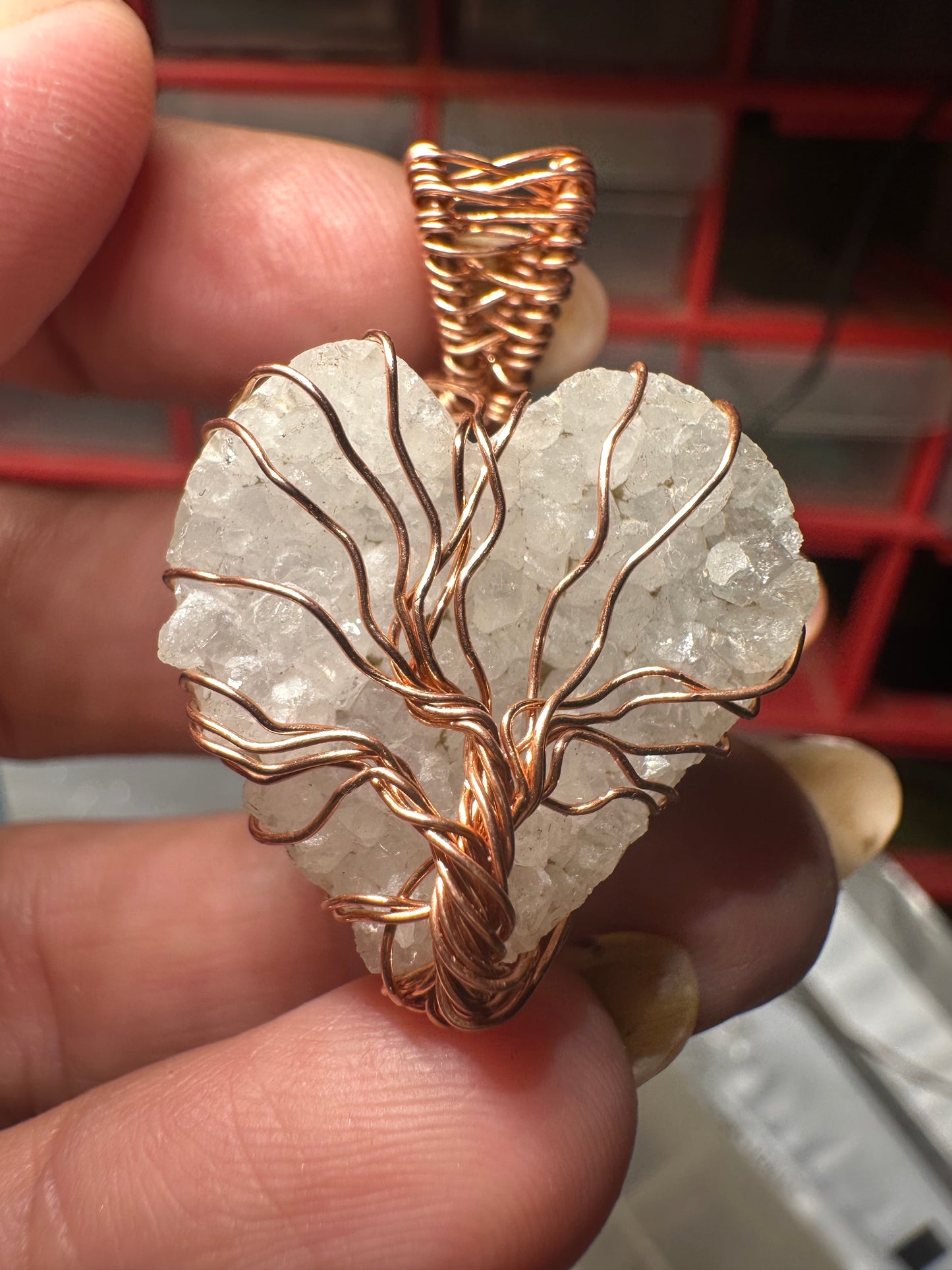 Drusy agate heart “tree of life”copper pendant