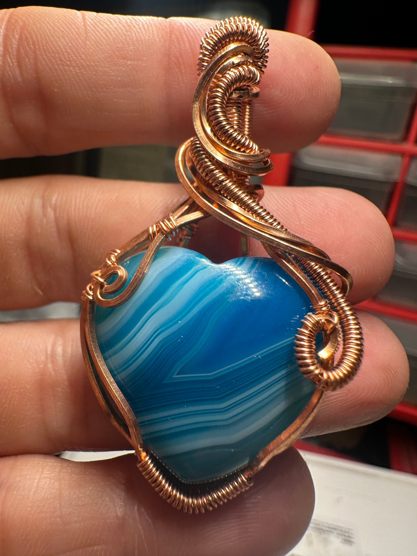 Blue lace agate copper pendant