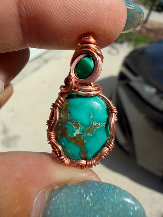 Turquoise and malachite copper pendant