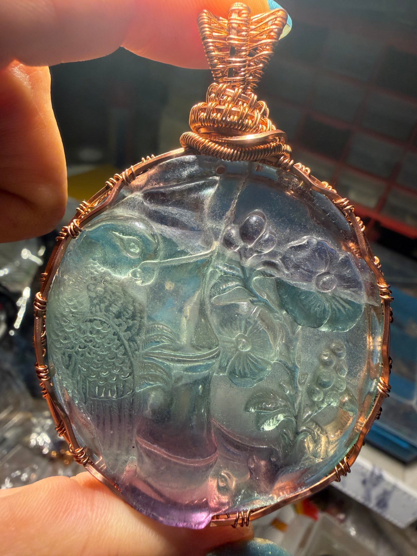 Fluorite carving copper pendant