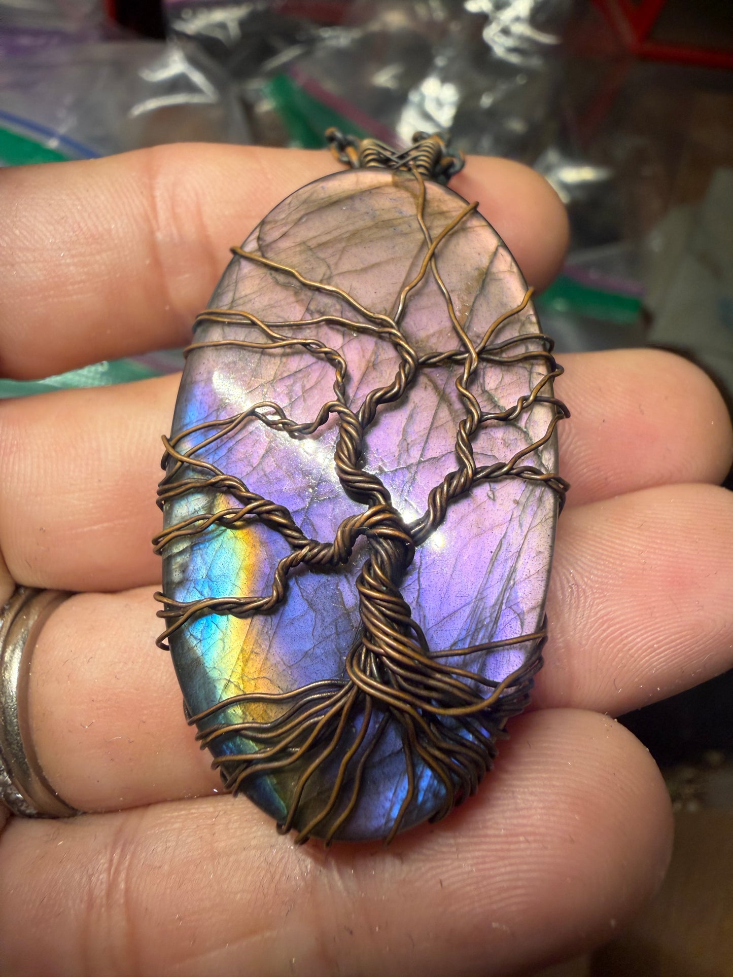 Purple labradorite tree of life copper pendant