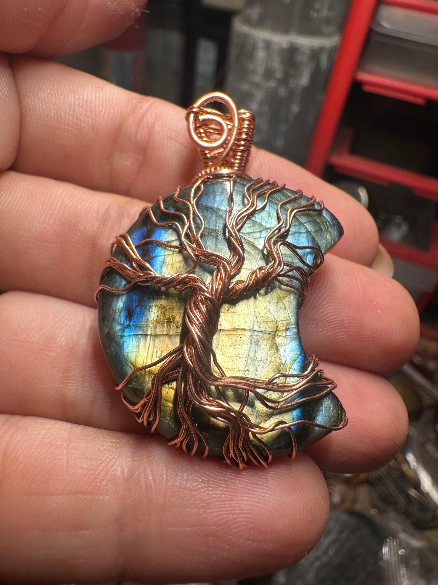 Labradorite Crescent 
Moon Copper Pendant