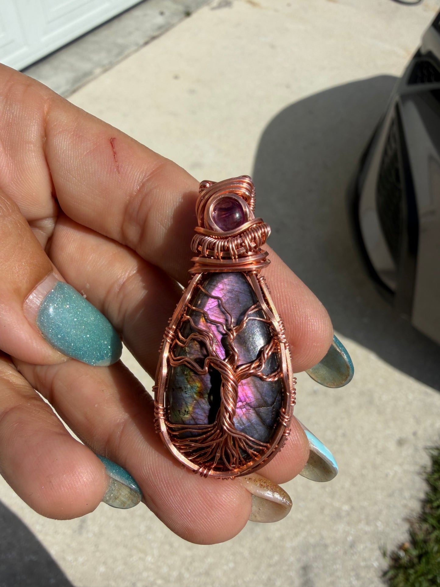 Purple labradorite tree of life copper pendant