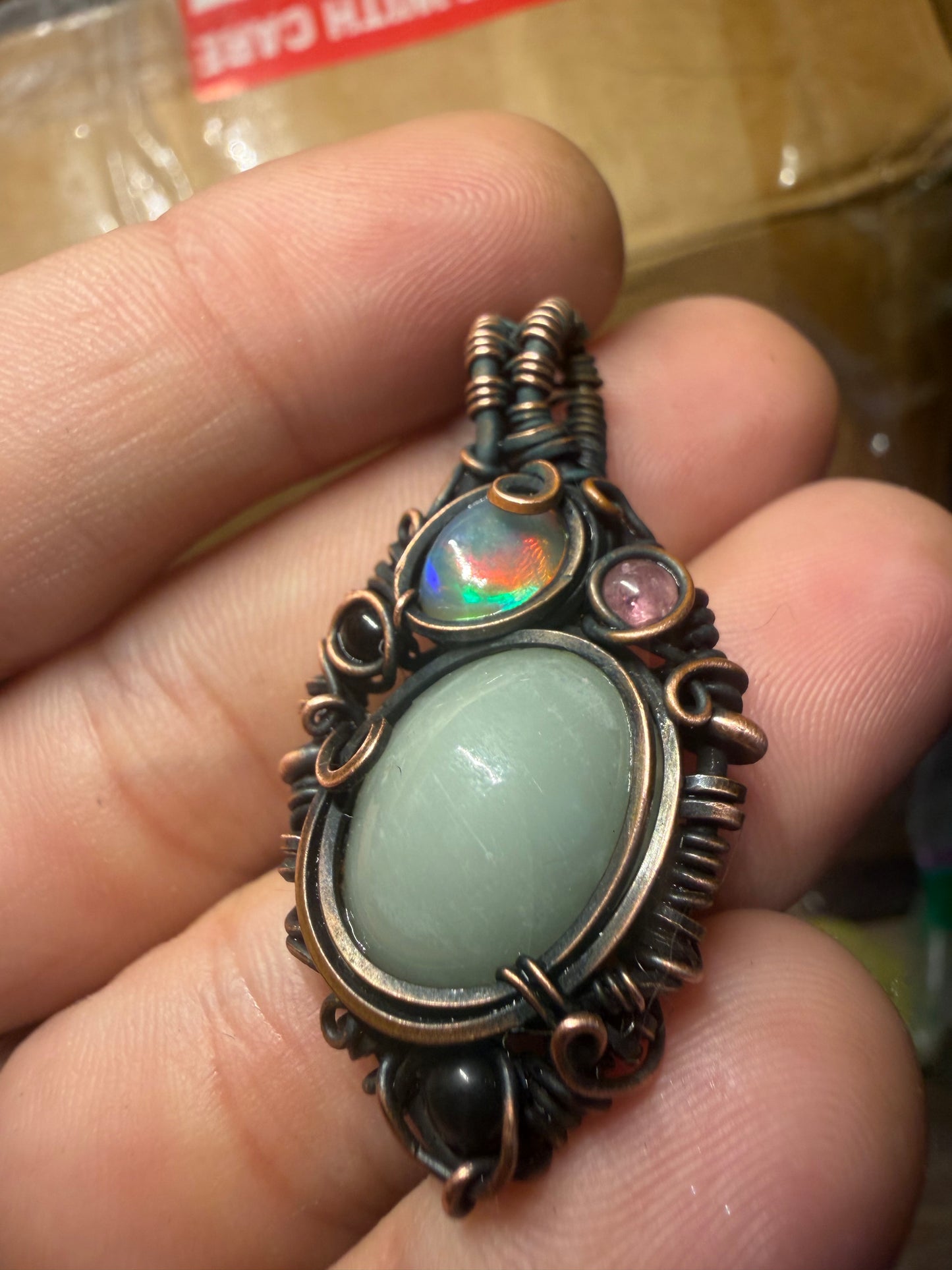 Amazonite & opal copper pendant