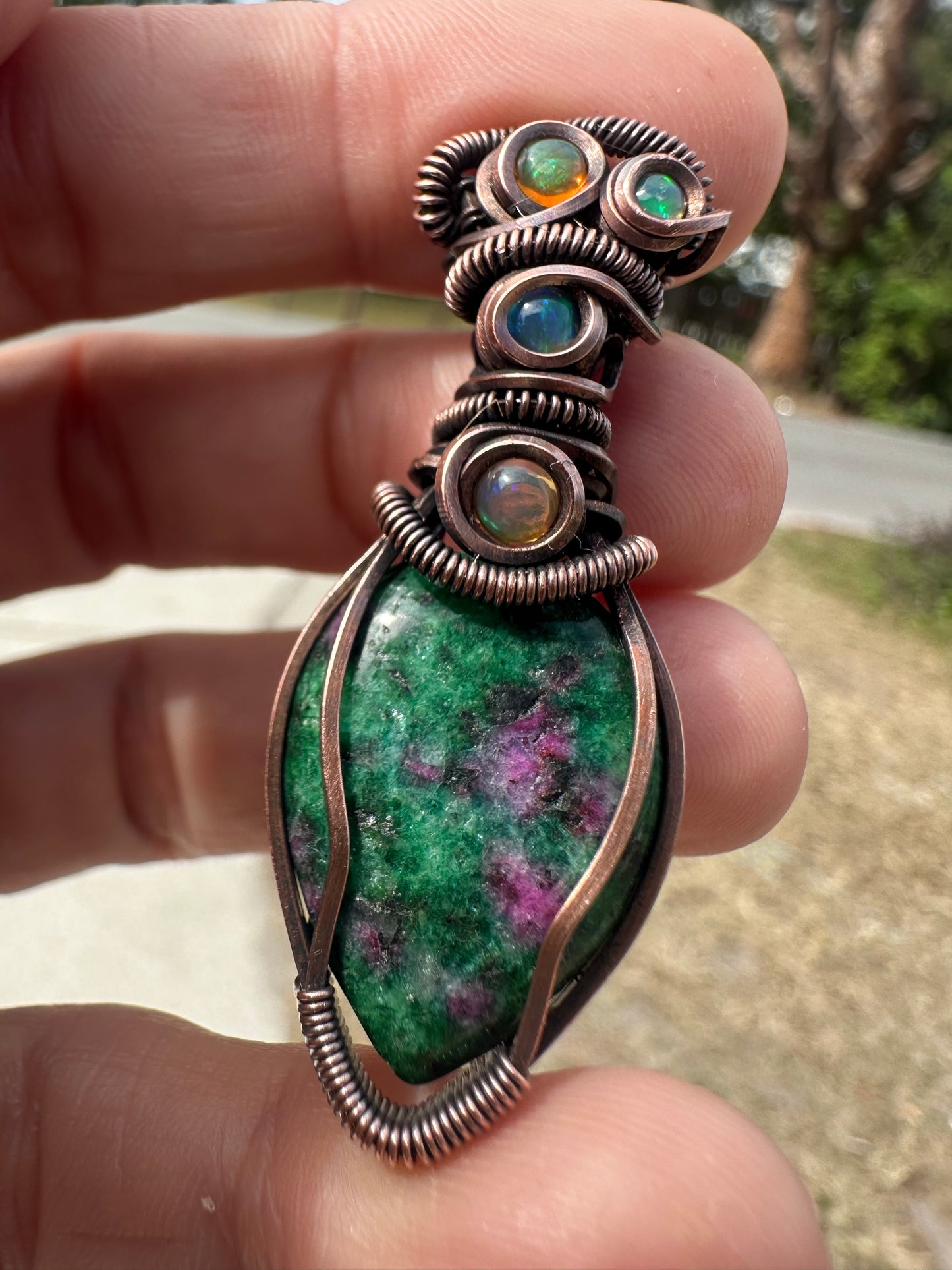 Ruby and opal copper pendant