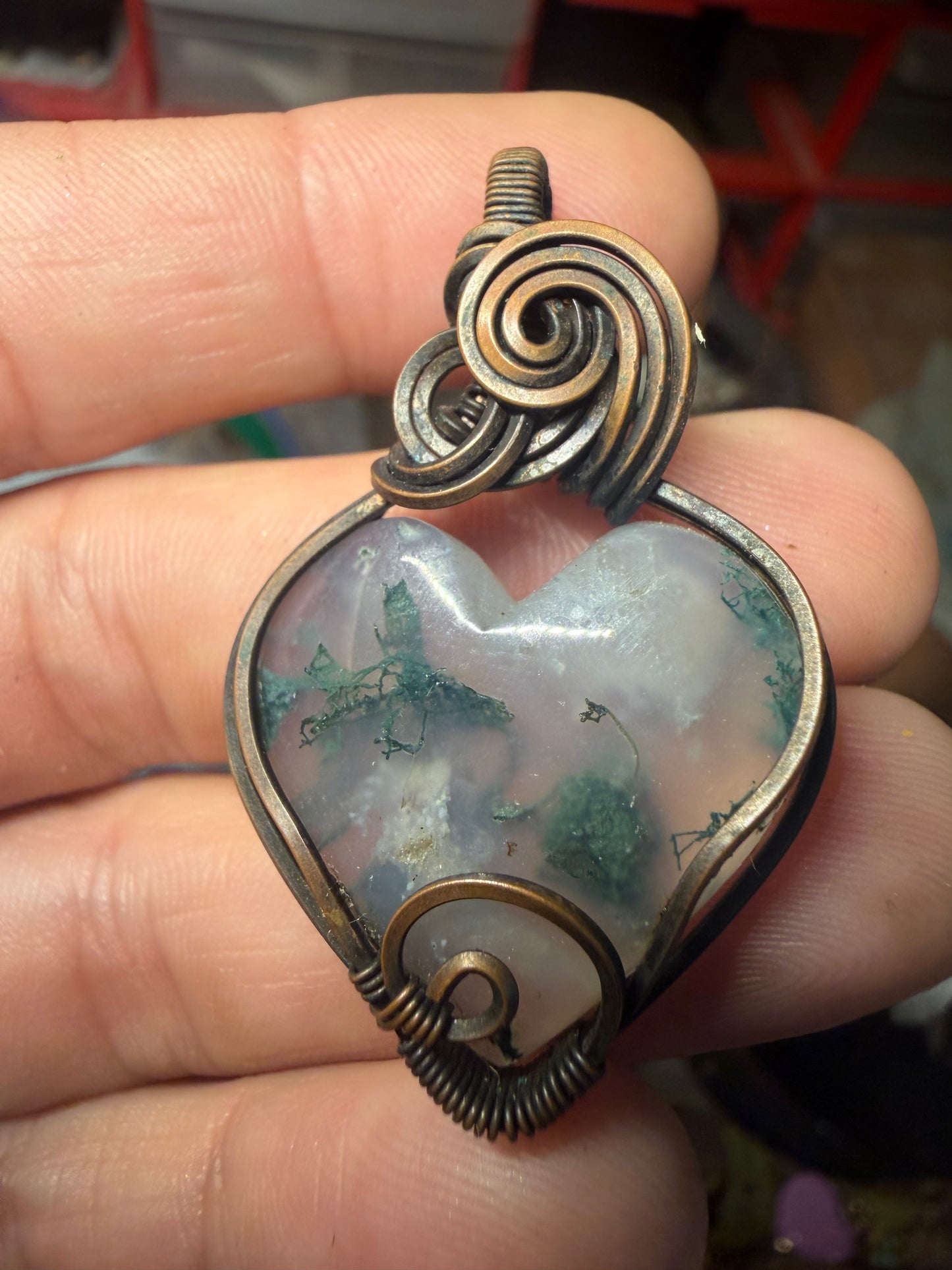 Moss agate copper heart pendant