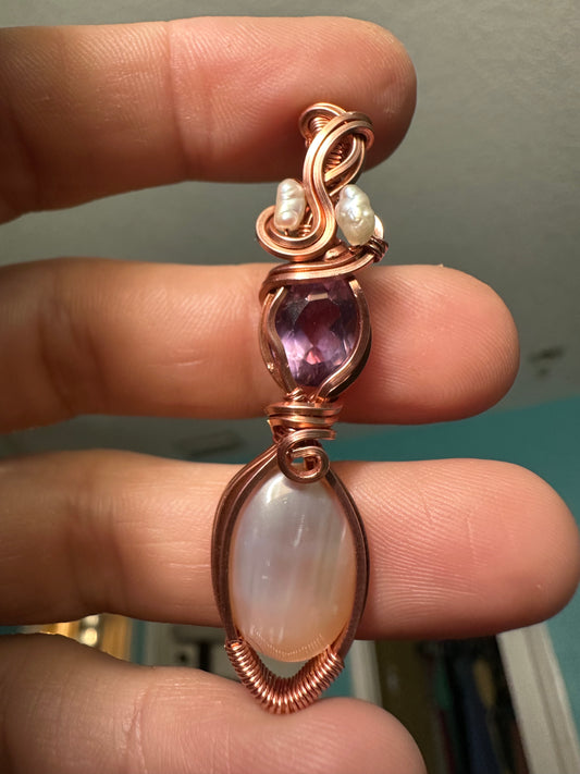 Abalone and amethyst copper pendant