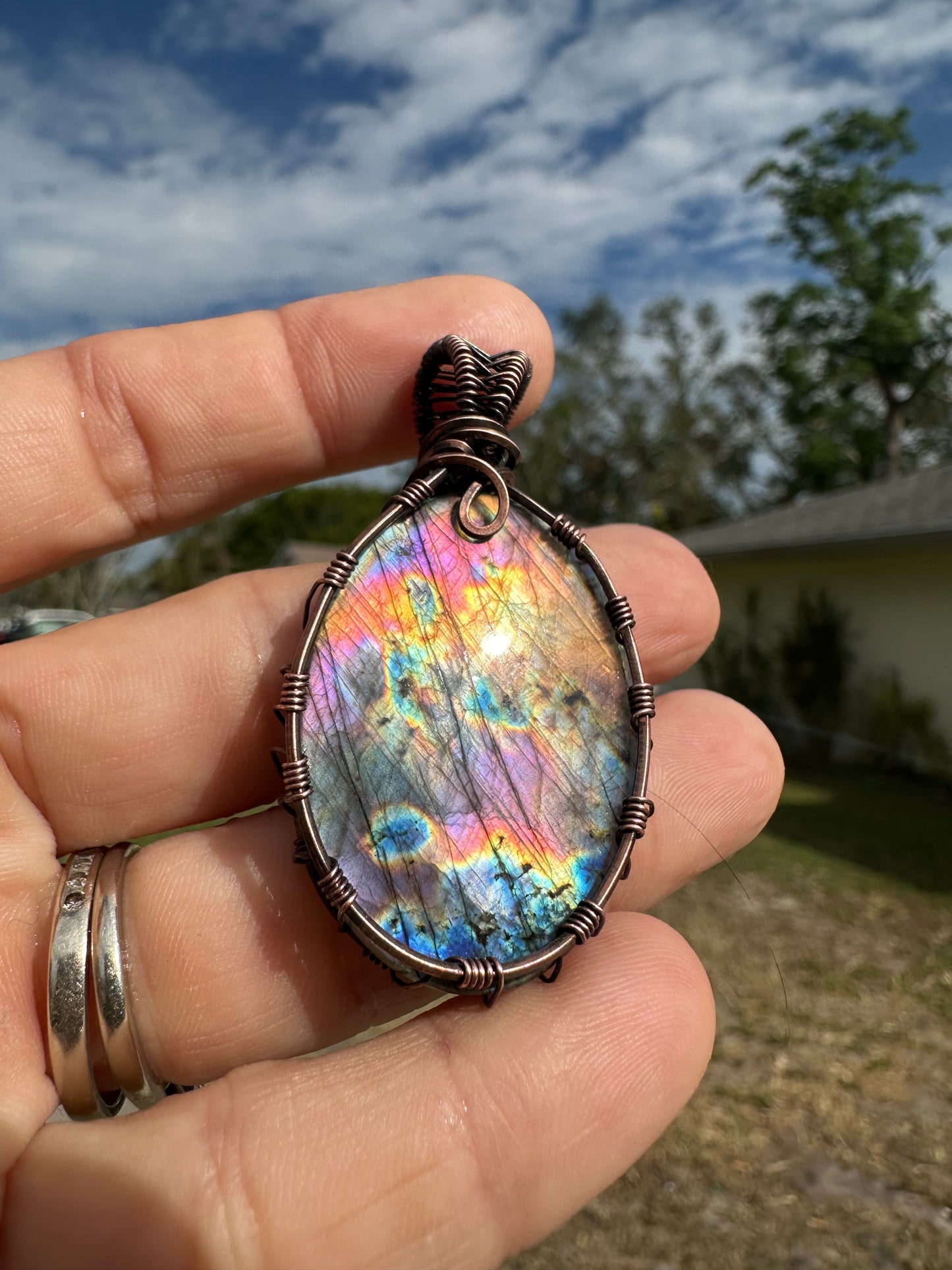 Spectrolite copper pendant