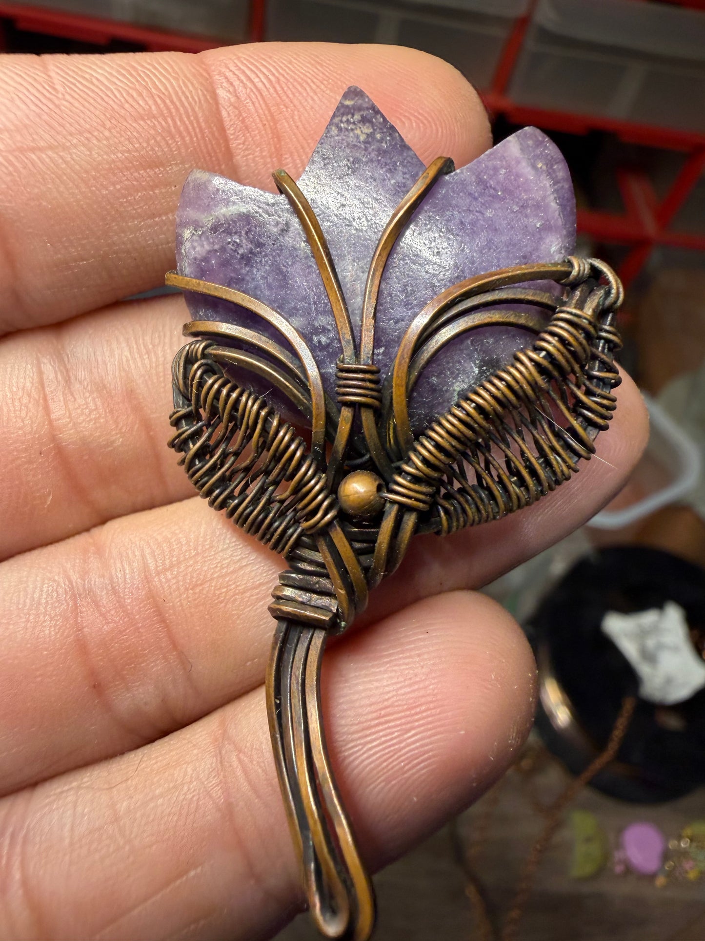 Lepidolite flower copper pendant