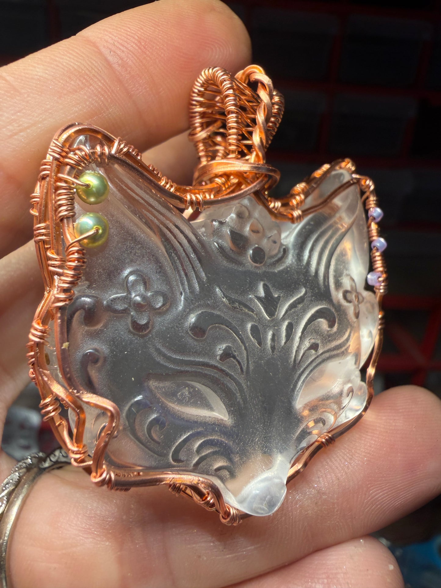 Fox clear quartz copper pendant