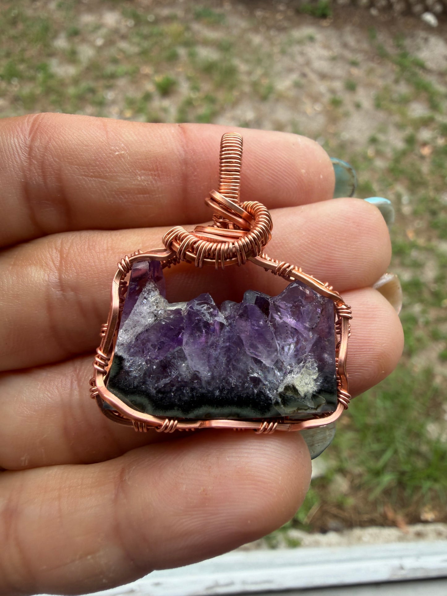 Uruguayan amethyst slice copper pendant