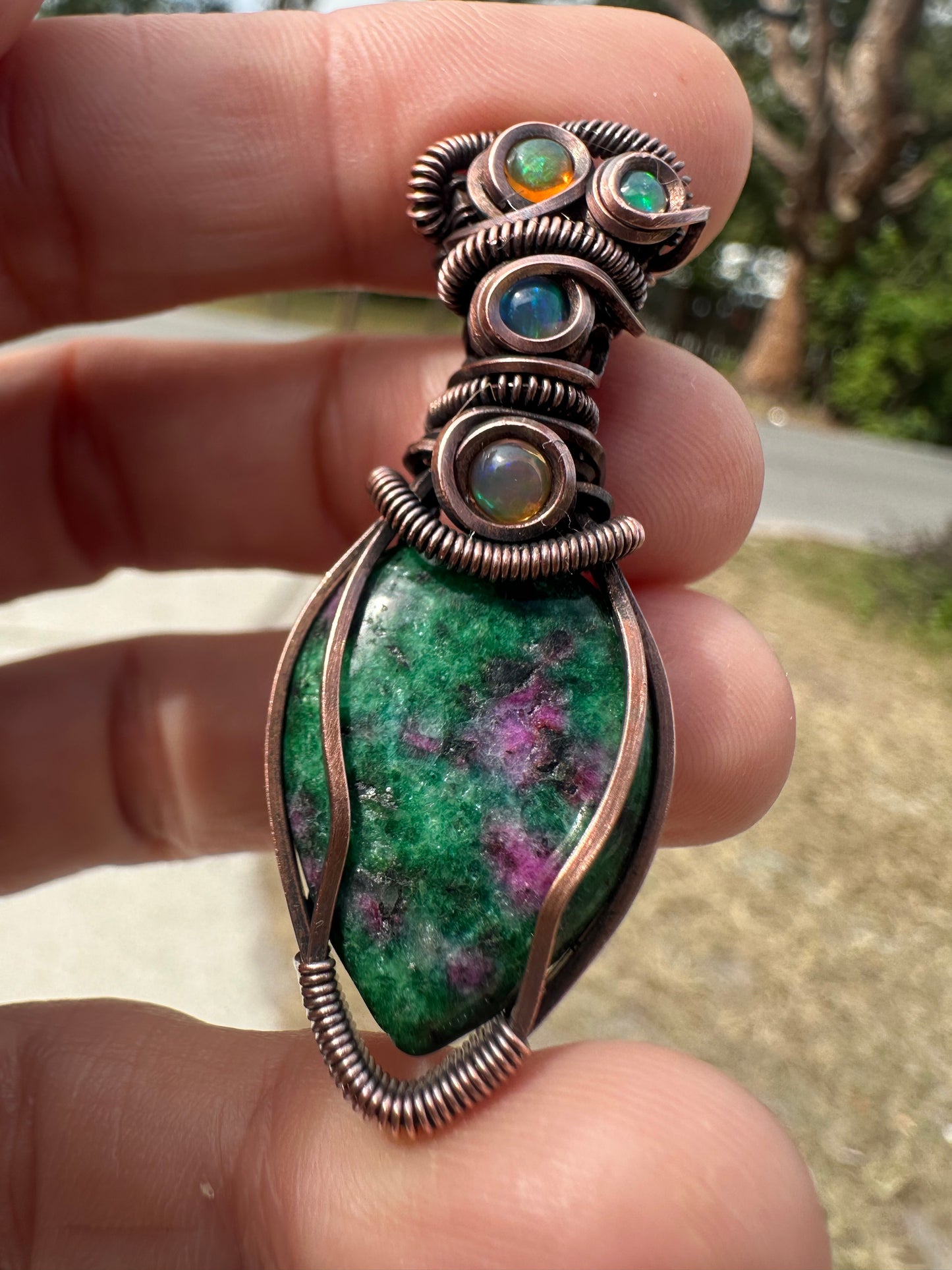 Ruby and opal copper pendant