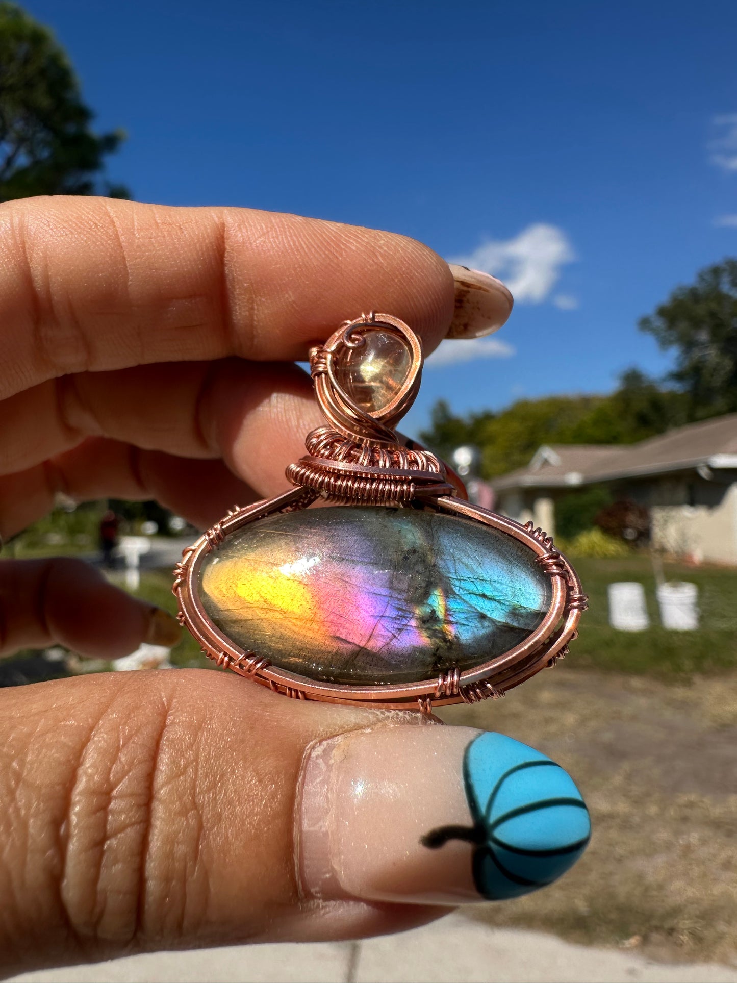 Spectrolite copper pendant