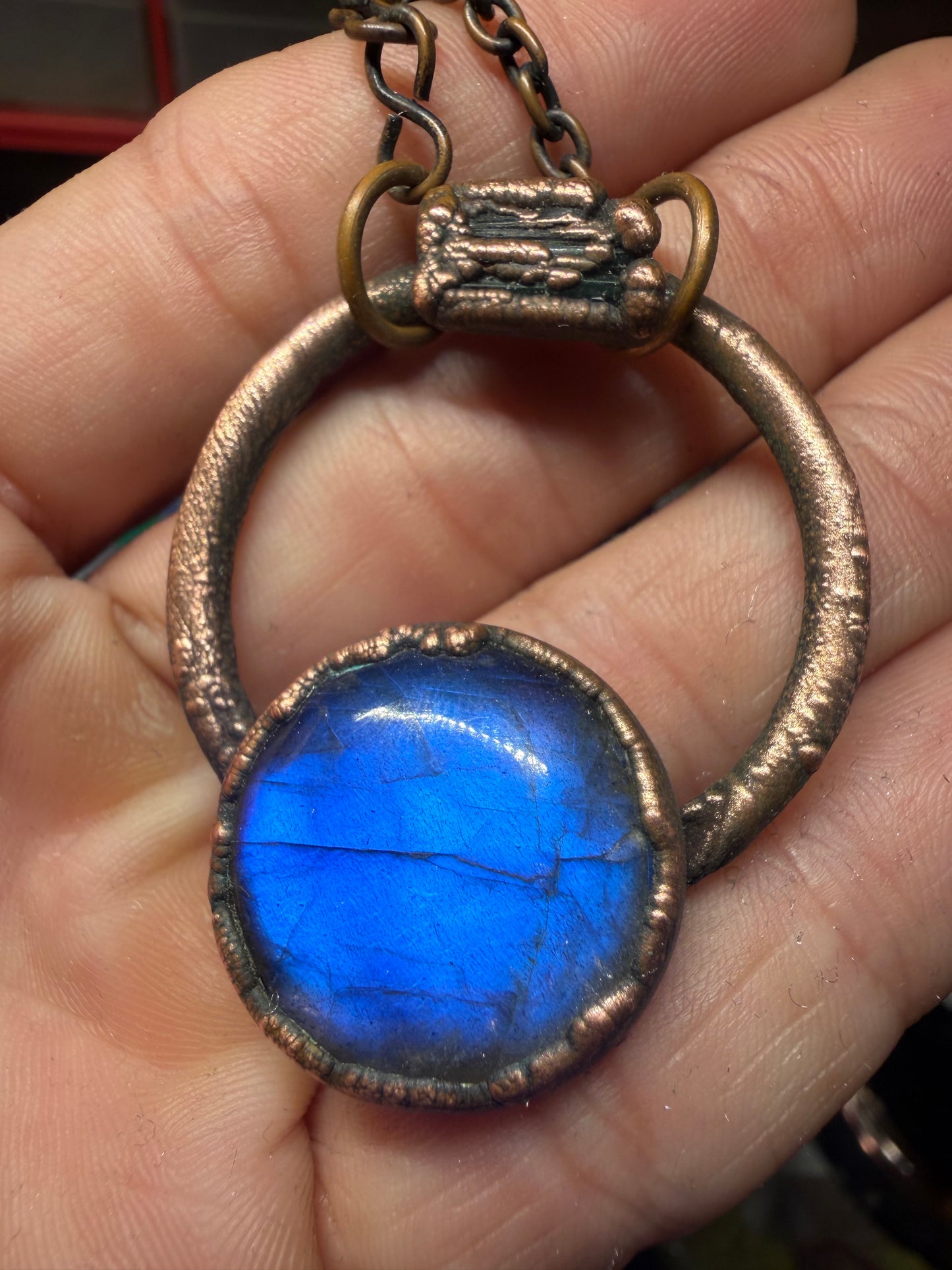 Labradorite and tourmaline copper pendant