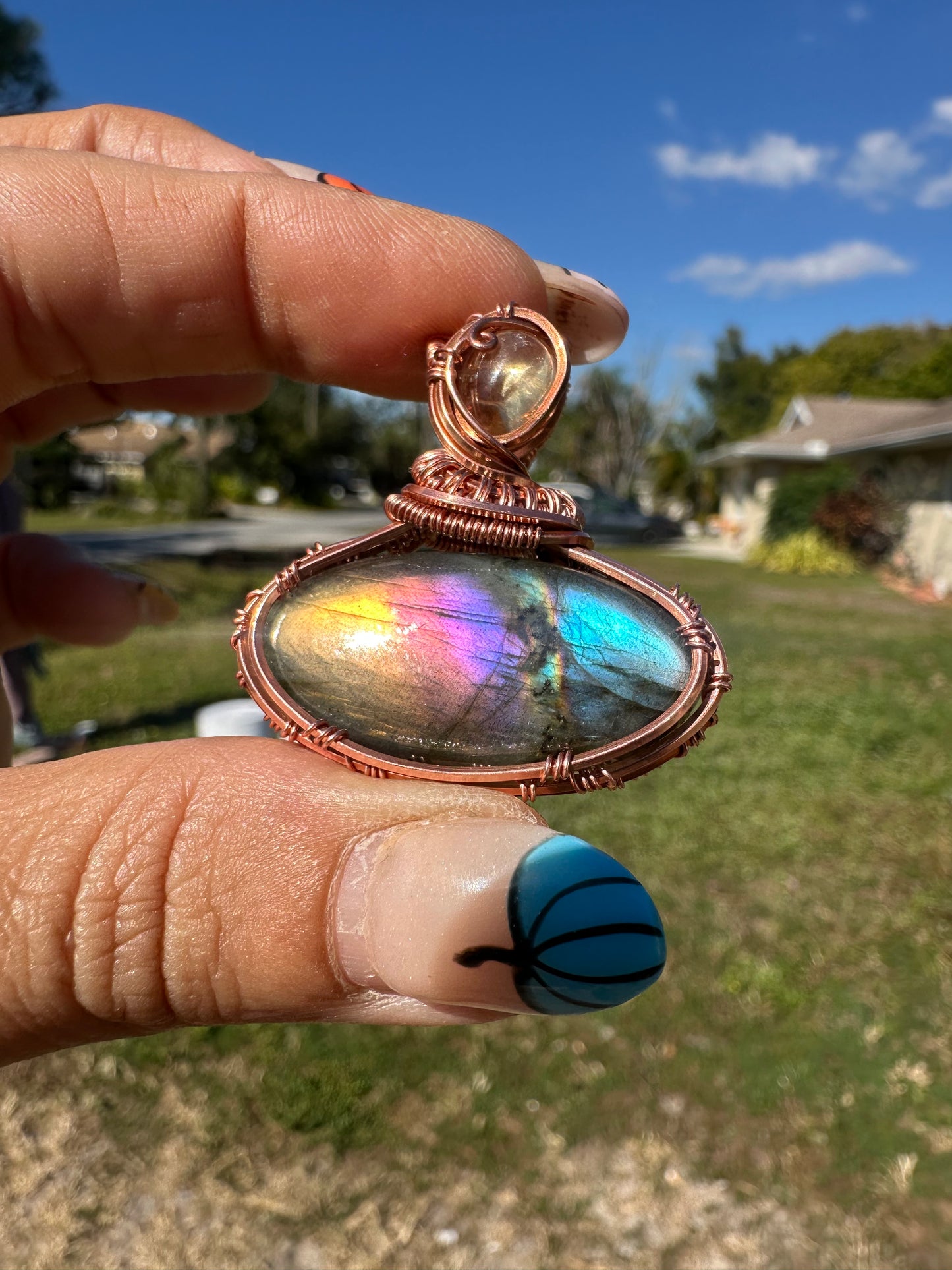 Spectrolite copper pendant