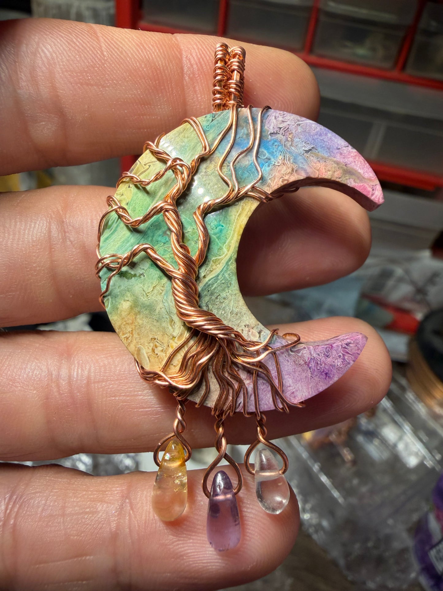 Fossil palm root moon copper pendant (dyed)