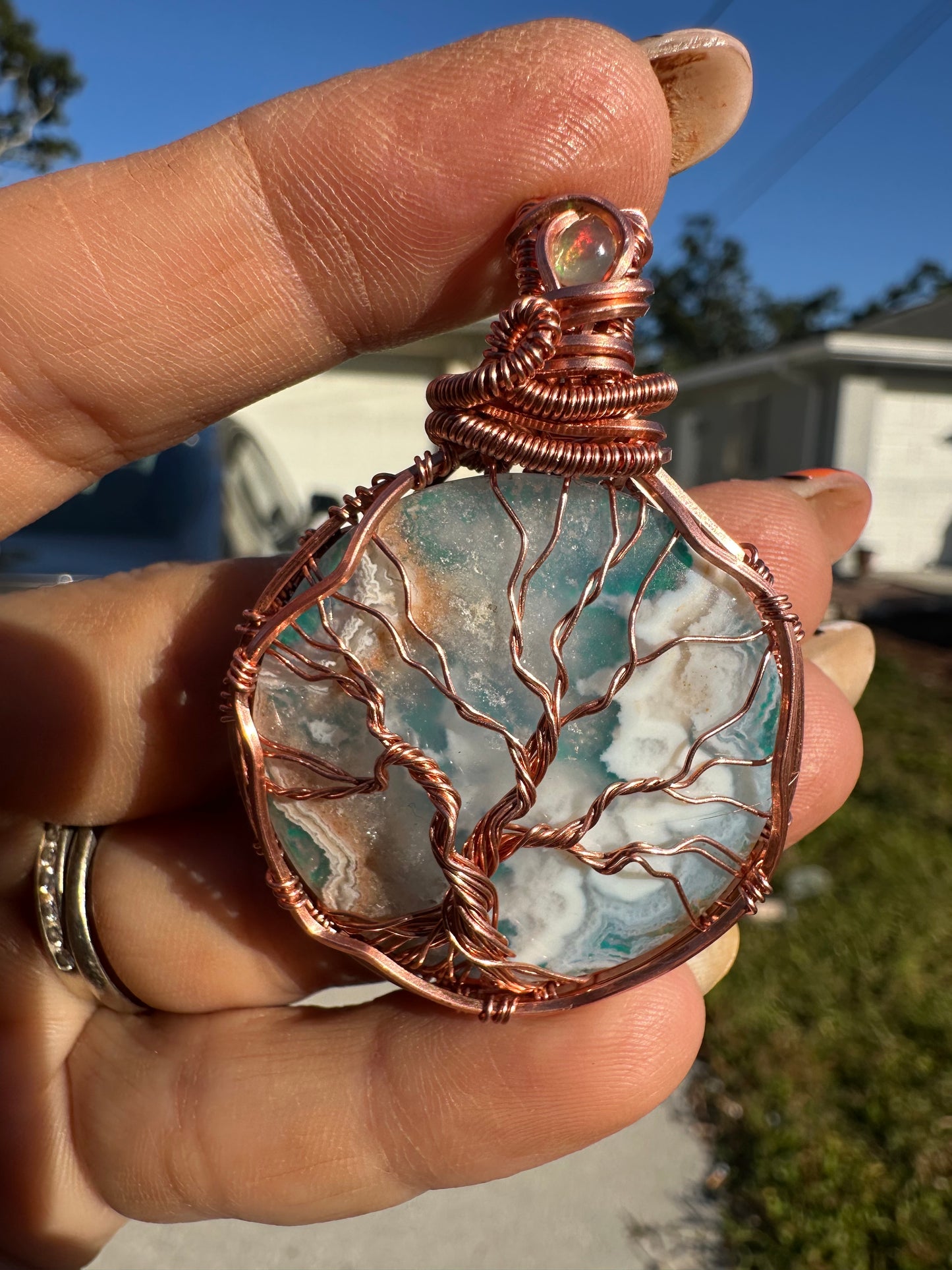 Plum drusy agate doublet copper pendant