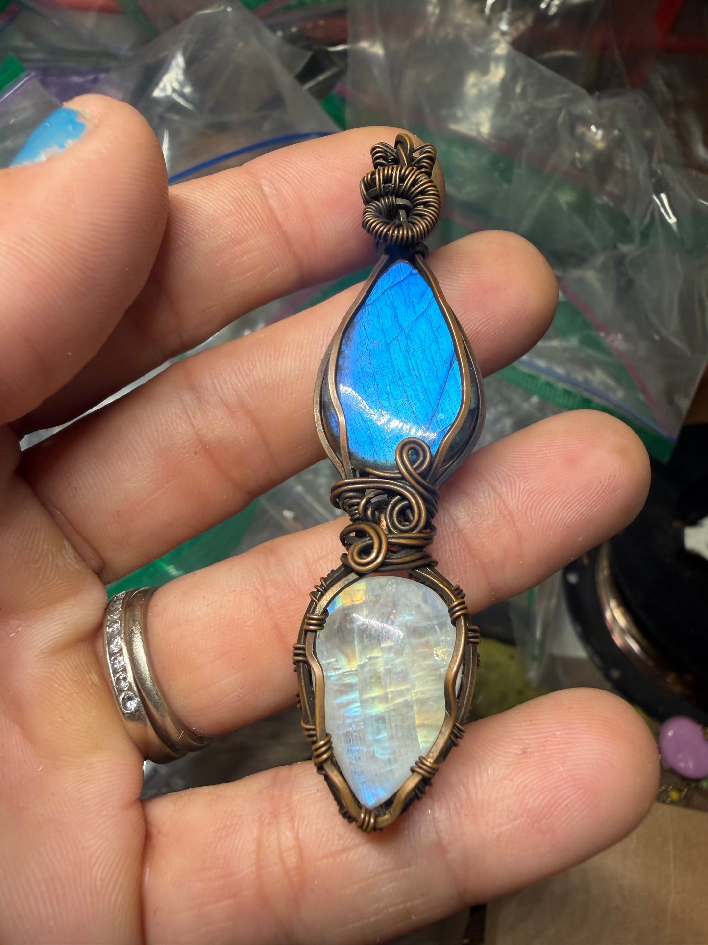 Labradorite & moonstone copper pendant