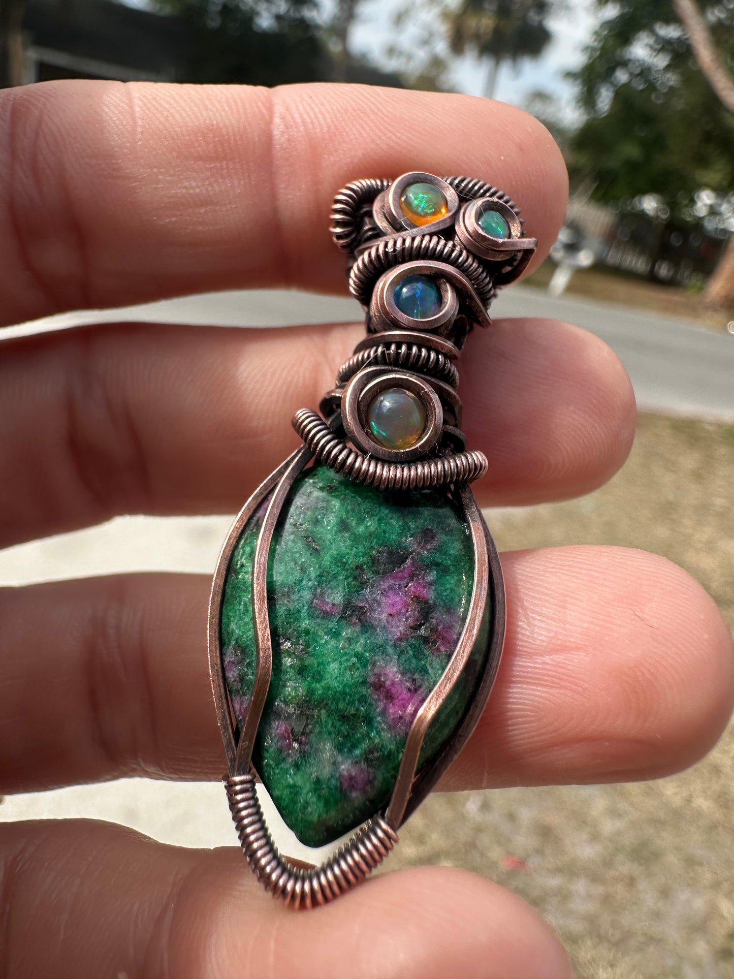 Ruby and opal copper pendant