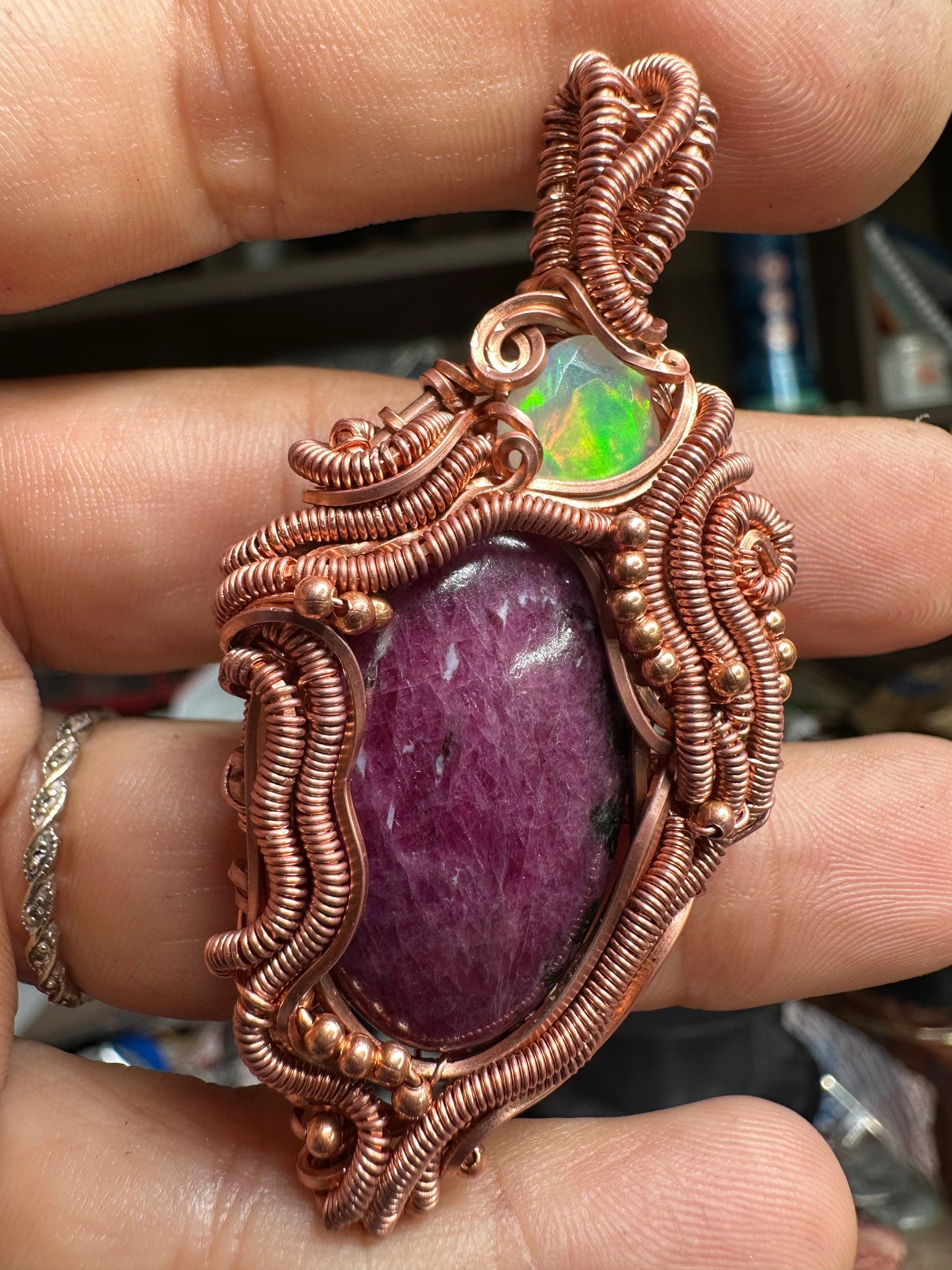 Ruby and Opal copper pendant