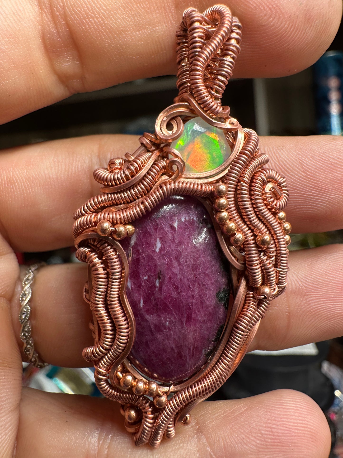 Ruby and Opal copper pendant