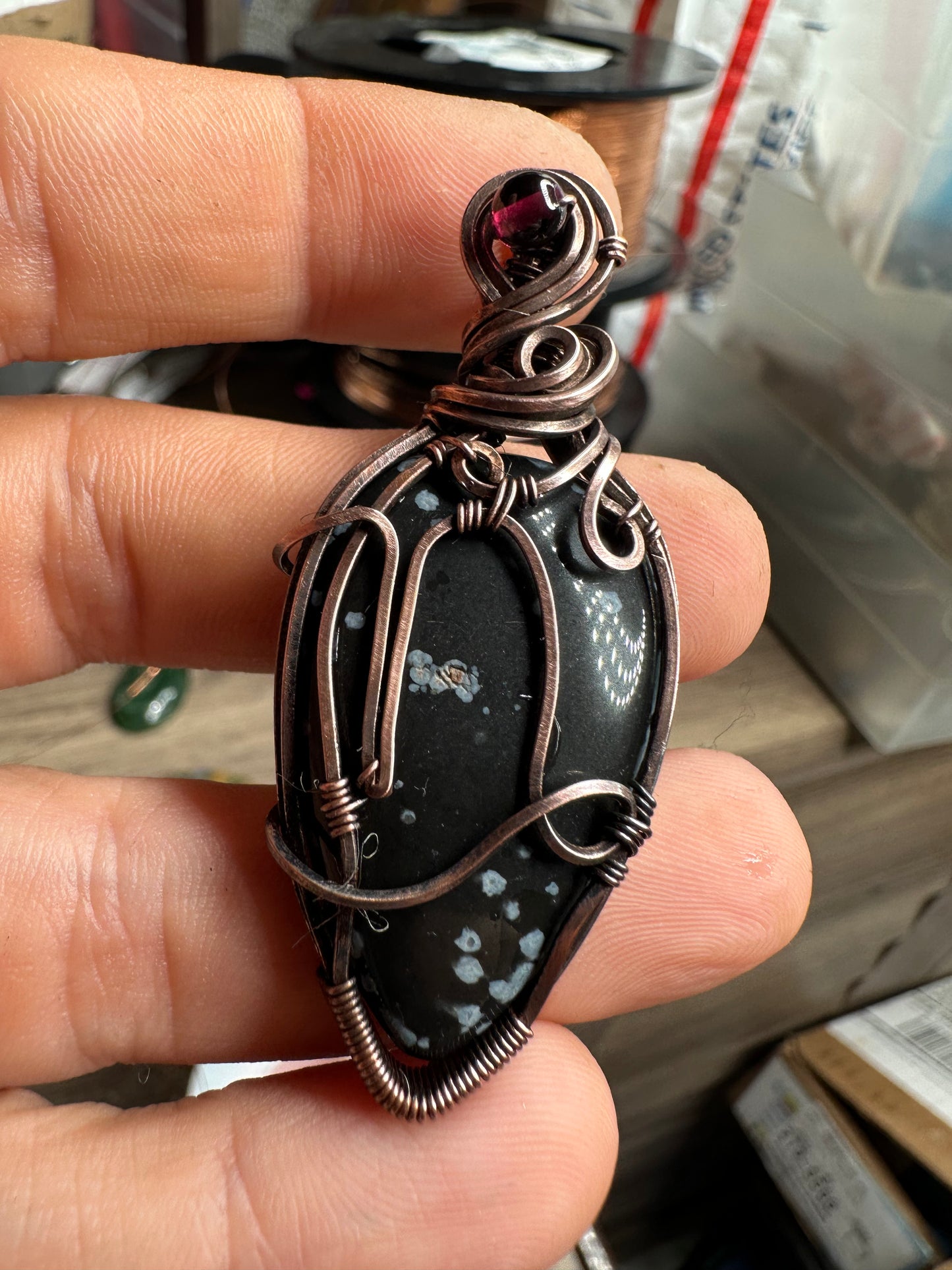 Snowflake obsidian Capricorn copper pendant