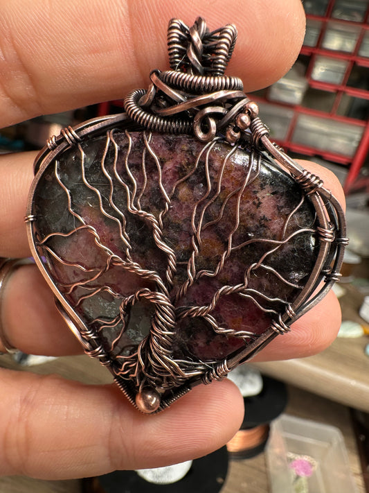 Rhodonite Tree of life copper pendant