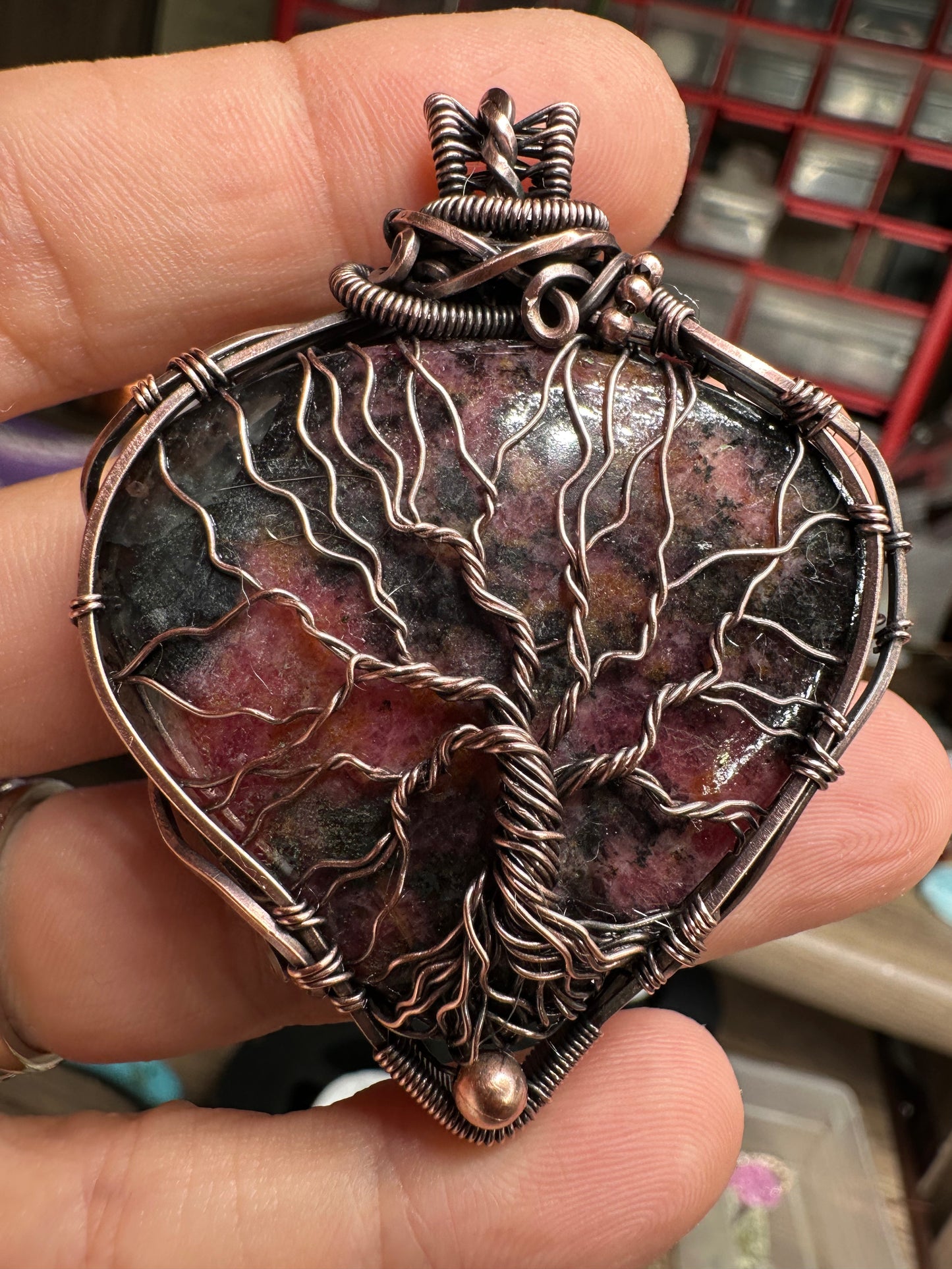 Rhodonite Tree of life copper pendant