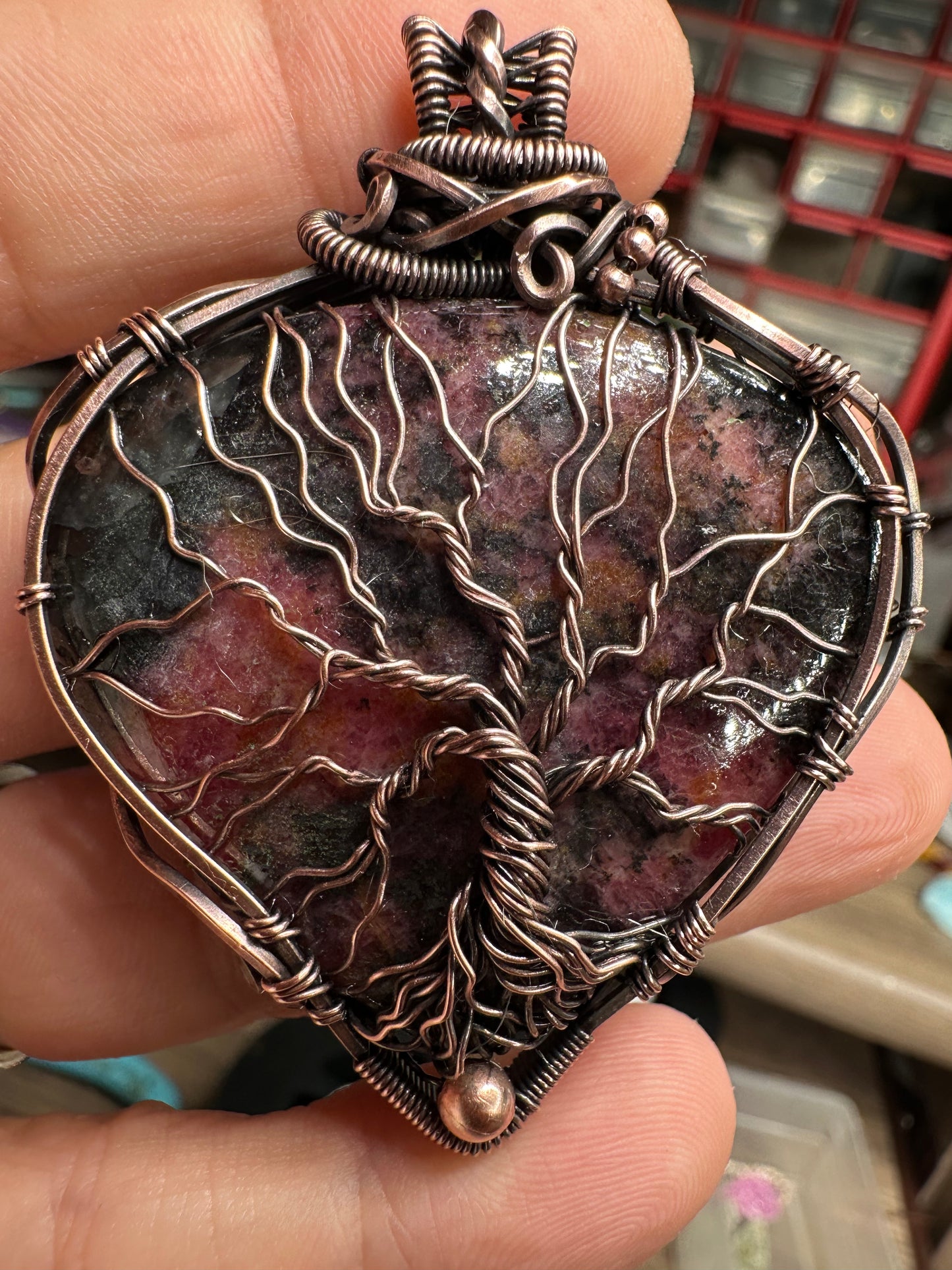 Rhodonite Tree of life copper pendant