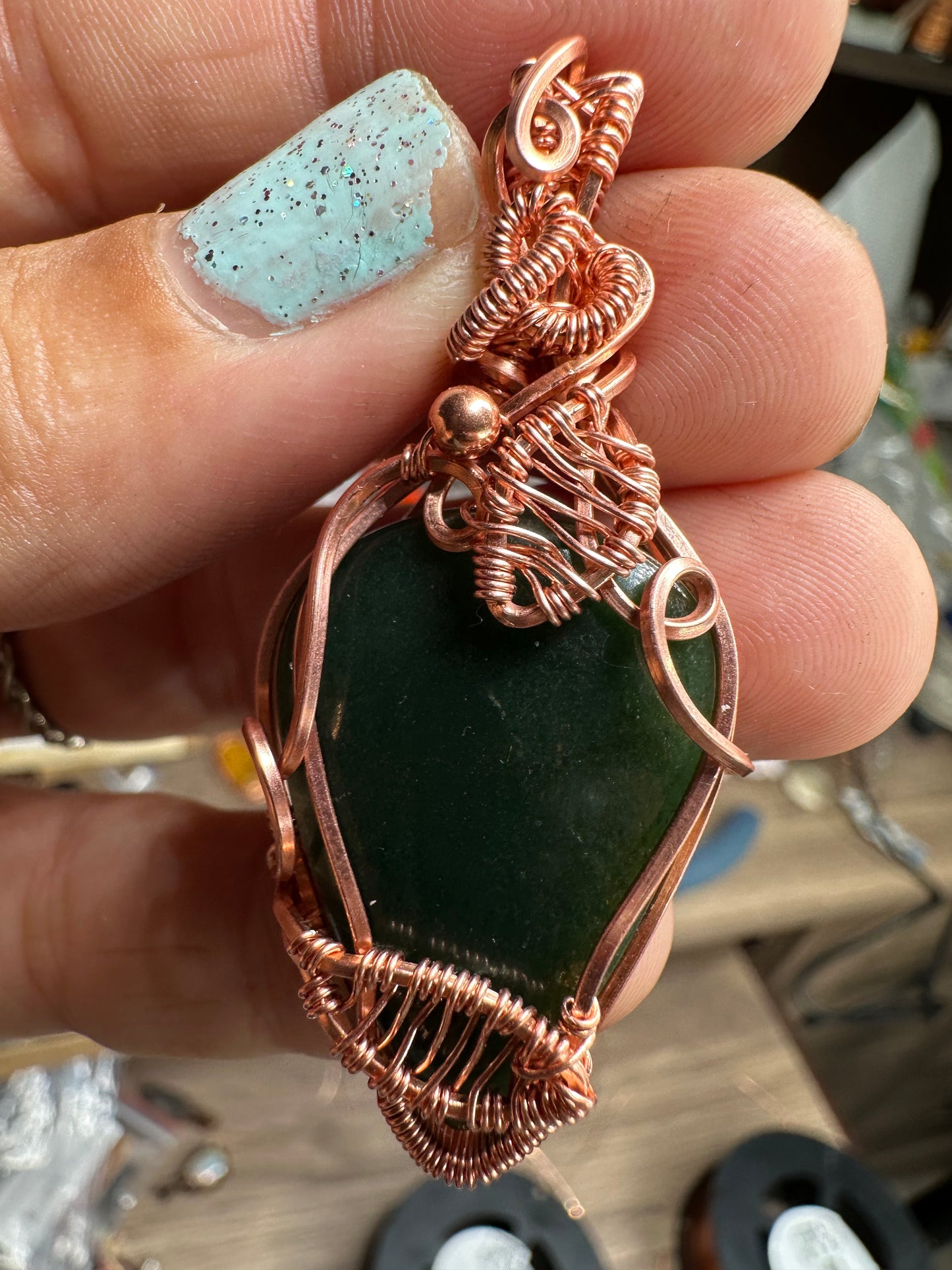 Dark Green aventurine leaf fall pendant