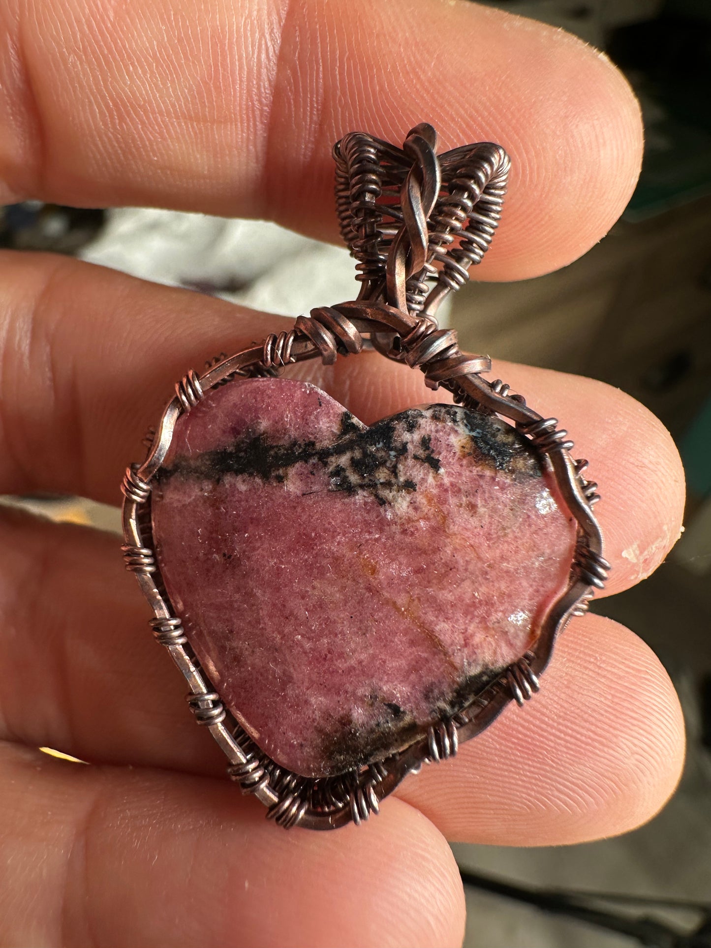 Rhodonite heart copper pendant