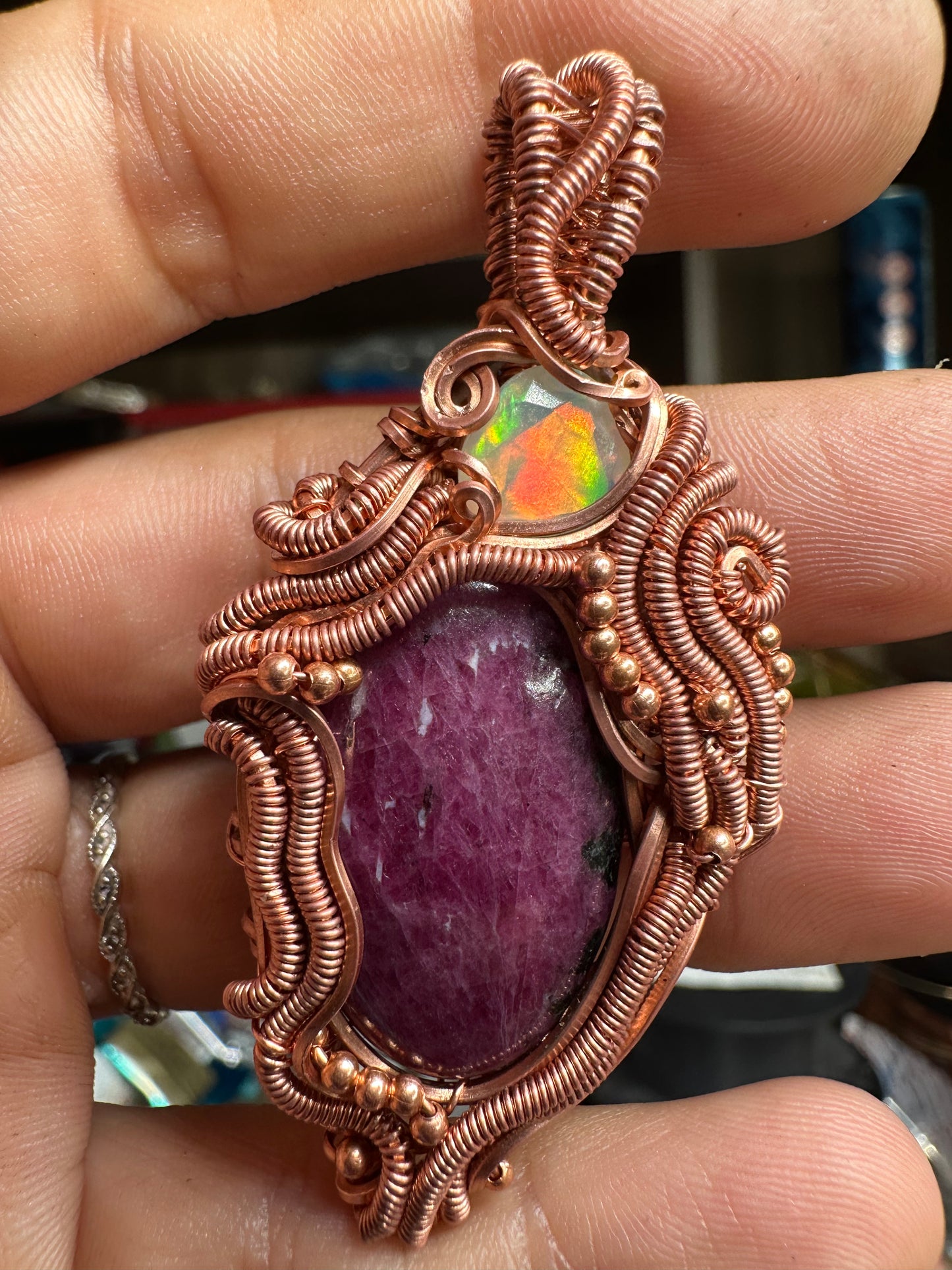 Ruby and Opal copper pendant