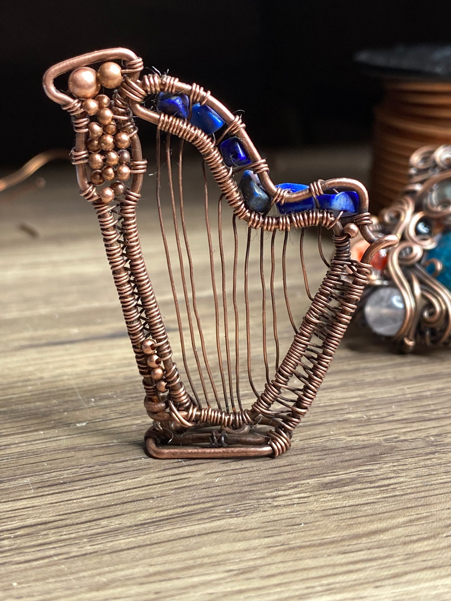 Lapis lazuli Harp copper pendant