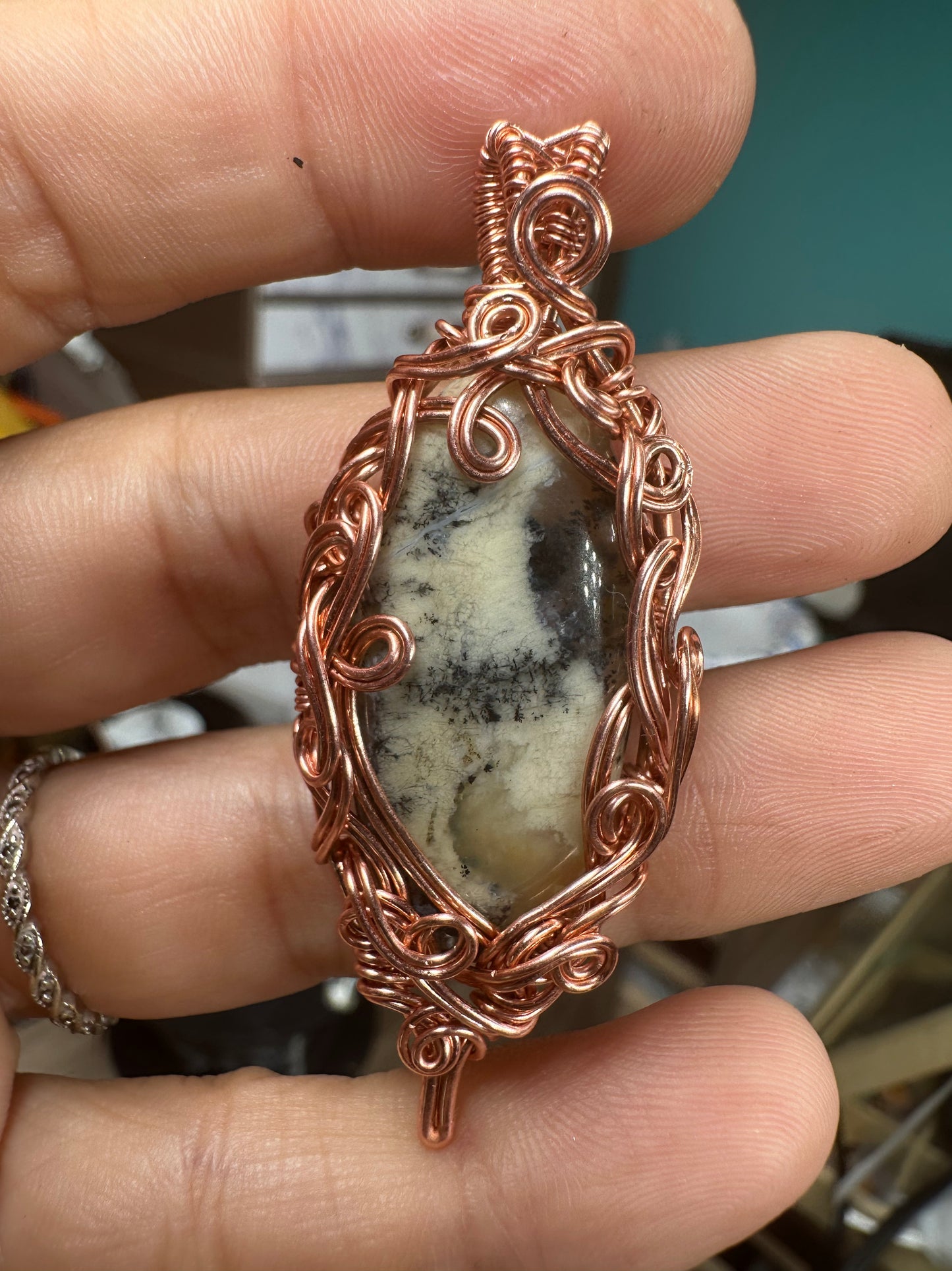 Dendritic agate copper pendant