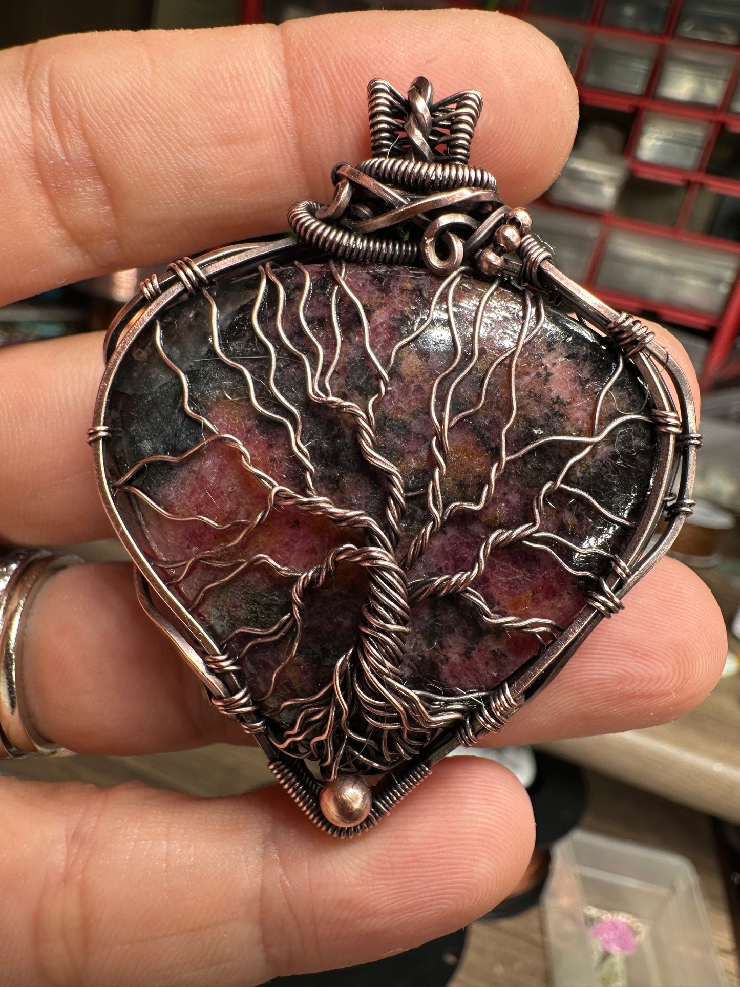 Rhodonite Tree of life copper pendant