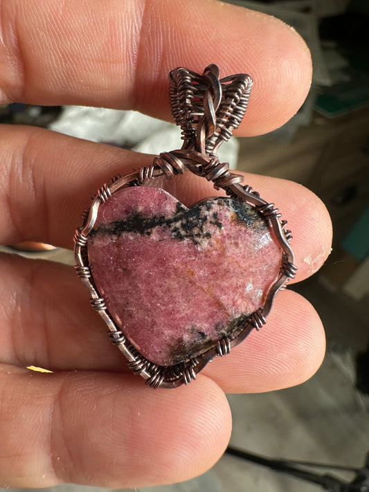 Rhodonite heart copper pendant