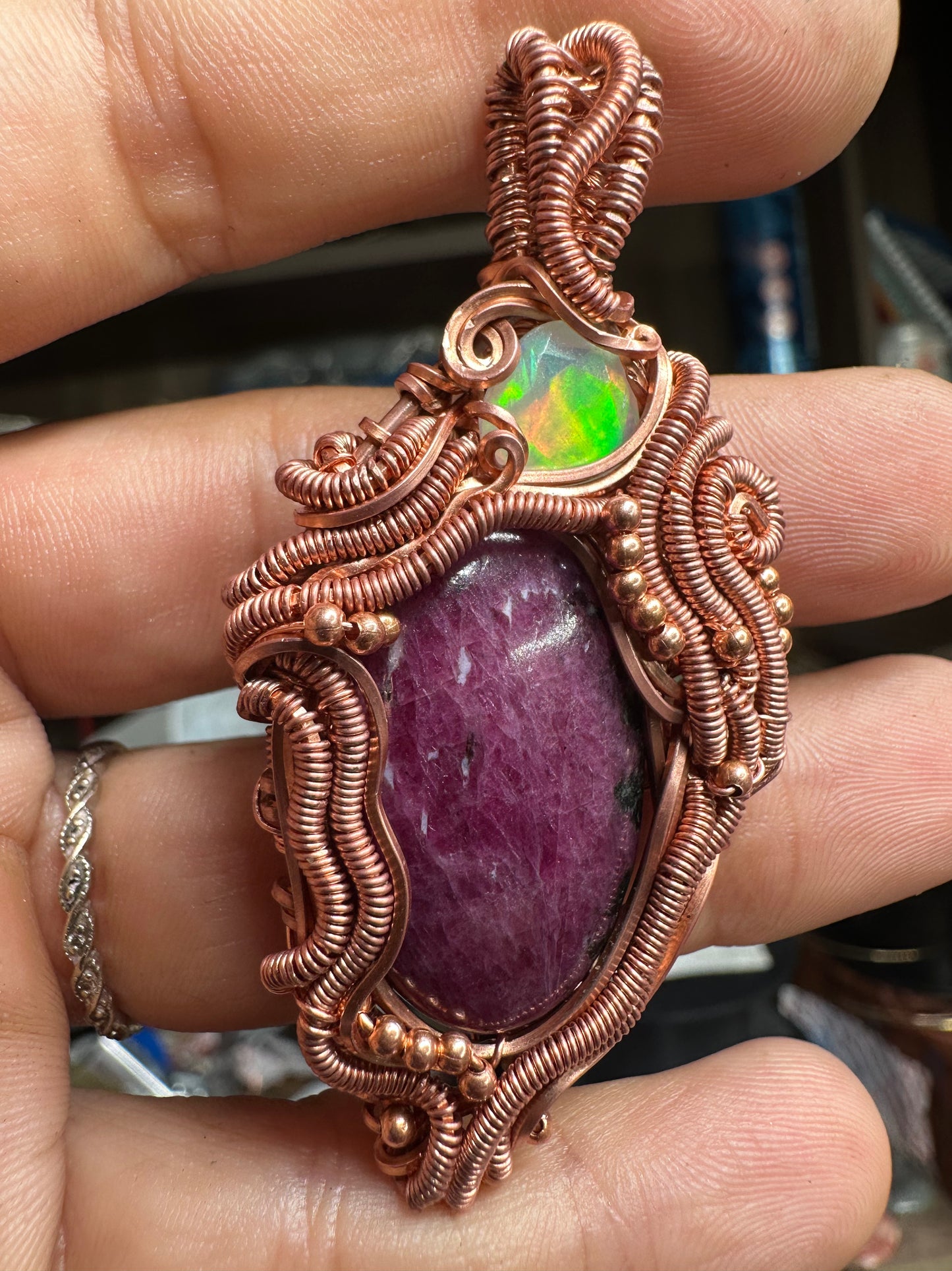 Ruby and Opal copper pendant