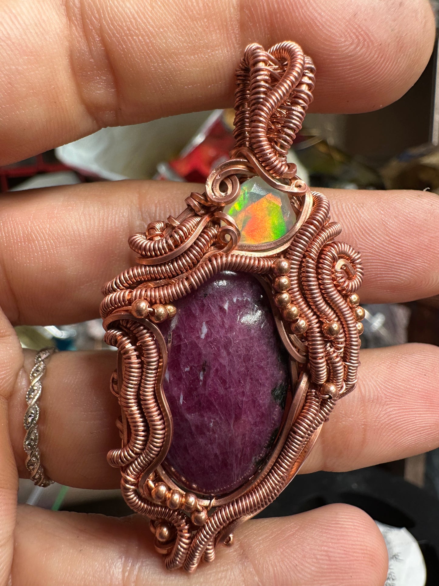 Ruby and Opal copper pendant